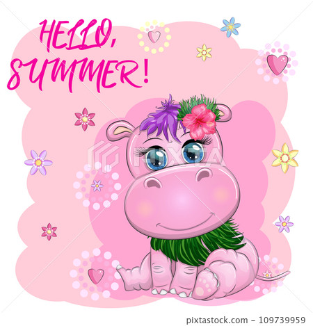 Hippopotamus cartoon character, wild animal in swimming ring, hat, summer is coming, hula dancer Hippopotamus cartoon character, wild animal in swimming ring, hat, summer is coming, hula dancer 109739959
