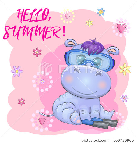 Hippopotamus cartoon character, wild animal in swimming ring, hat, summer is coming, hula dancer 109739960