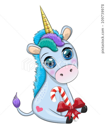 Cute cartoon unicorn in santa hat with gift, christmas ball, candy kane. New Year and Christmas holiday 109739978