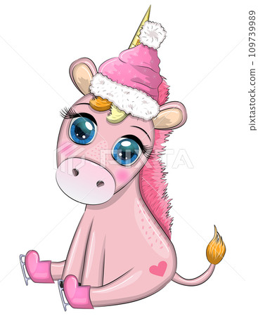 Cute cartoon unicorn in santa hat with gift, christmas ball, candy kane. New Year and Christmas holiday Cute cartoon unicorn in santa hat with gift, christmas ball, candy kane. New Year and Christmas holiday 109739989