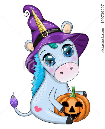 Cute cartoon unicorn in purple witch hat, with pumpkins, potion or broom, Halloween holiday character Cute cartoon unicorn in purple witch hat, with pumpkins, potion or broom, Halloween holiday character 109739997