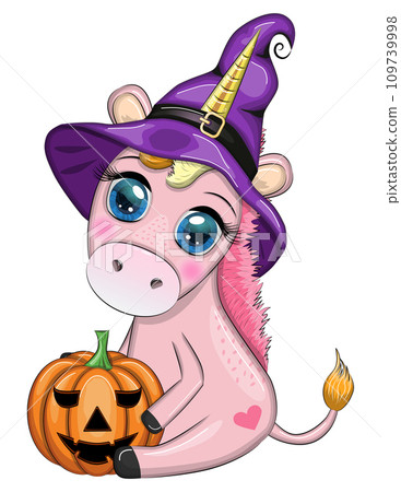 Cute cartoon unicorn in purple witch hat, with pumpkins, potion or broom, Halloween holiday character Cute cartoon unicorn in purple witch hat, with pumpkins, potion or broom, Halloween holiday character 109739998