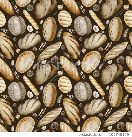 Watercolor seamless pattern of baking bread. Handmade wheat product. French baguette and homemade food on a black background. Drawing designs for cafes and restaurants. 109740139