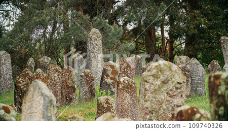 Old ancient Jewish cemetery in summer spring day. green grass and many ancient stones. Headstone Headstones Tombstones jewish grave Old ancient Jewish cemetery in summer spring day. green grass and many ancient stones. Headstone Headstones Tombstones jewish grave 109740326