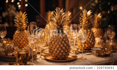 AI-generated content. several golden pineapples stand on plates on the table, next to glasses of champagne 109740691