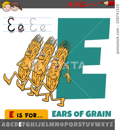 letter E from alphabet with cartoon ears of grain characters 109741328