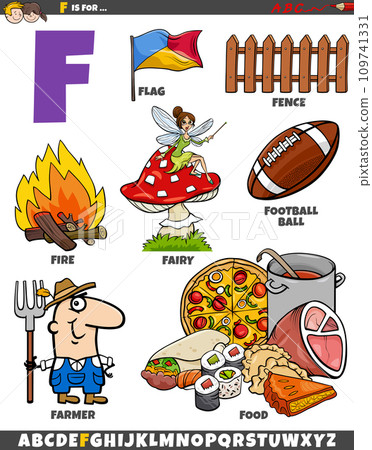 Letter F set with cartoon objects and characters Letter F set with cartoon objects and characters 109741331