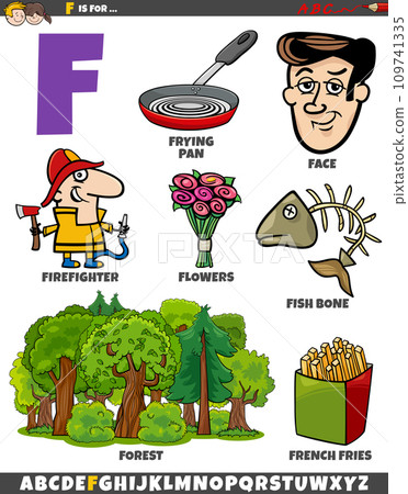Letter F set with cartoon objects and characters Letter F set with cartoon objects and characters 109741335