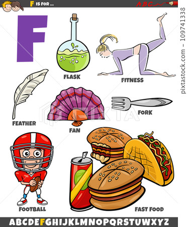 Letter F set with cartoon objects and characters 109741338