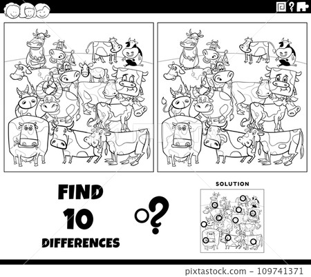 differences game with cartoon farm cows coloring page 109741371