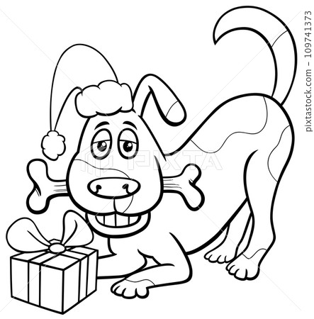 cartoon dog with gift and dog bone on Christmas coloring page 109741373
