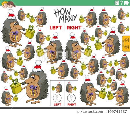 count left and right pictures of hedgehog with Christmas gifts 109741387
