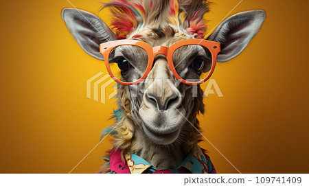 Illustration of a rainbow giraffe wearing grasses. Cartoon colorful giraffe with glasses and colorful background. Generative Ai. 109741409