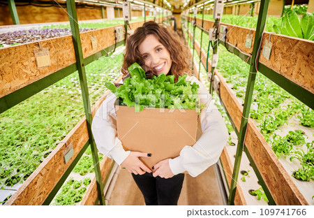 Happy female customer looking at camera and smiling while holding cardboard package box with green leafy plants. Woman with fresh leafy greens standing near shelves with plants in greenhouse. 109741766
