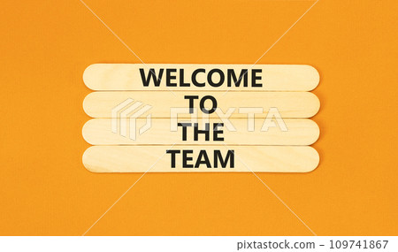 Welcome to the team symbol. Concept words Welcome to the team on beautiful wooden stick. Beautiful orange table orange background. Business, motivational and welcome to the team concept. 109741867