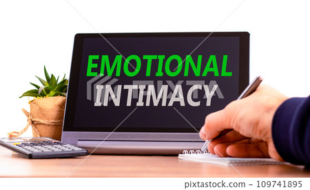 Emotional intimacy symbol. Concept words Emotional intimacy on beautiful black tablet. Beautiful white background. Calculator. Psychologist hand. Psychology emotional intimacy concept. Copy space. Emotional intimacy symbol. Concept words Emotional intimacy on beautiful black tablet. Beautiful white background. Calculator. Psychologist hand. Psychology emotional intimacy concept. Copy space. 109741895