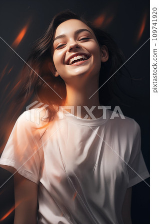 AI-generated content. The portrait captures a young woman's laughter in a moment of pure joy, as playful light casts an ethereal glow around her. Generative AI 109741920