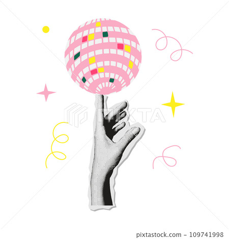 Hand handing disco mirror ball on finger. Colorful halftone mixed media style design. Merry Christmas collage paper sticker. 109741998