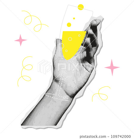 Hand holding champagne glass. Vintage New year party. Halftone Collage style. Vector illustration Hand holding champagne glass. Vintage New year party. Halftone Collage style. Vector illustration 109742000