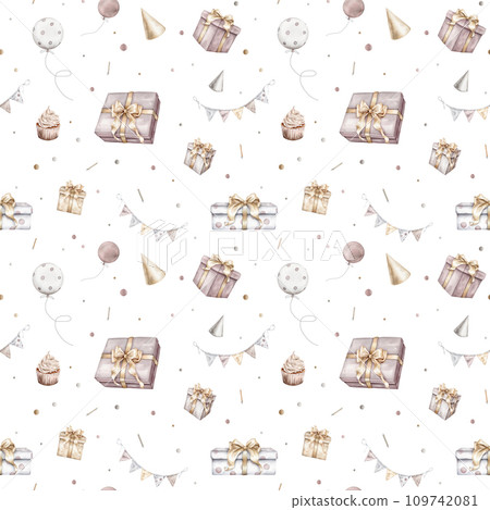 Seamless pattern Happy Birthday Watercolor. Hand drawn collection with gift boxes, garlands and cake for baby shower in cute pastel colors on isolated background. Illustration with presents for party Seamless pattern Happy Birthday Watercolor. Hand drawn collection with gift boxes, garlands and cake for baby shower in cute pastel colors on isolated background. Illustration with presents for party 109742081