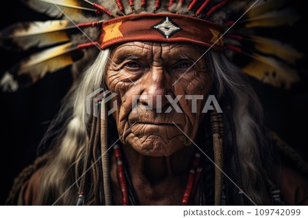 Portrait capturing the essence of indigenous culture. Man adorned with traditional feathered headdress and beaded necklace, exudes sense of strength and heritage against black background, indigenous 109742099