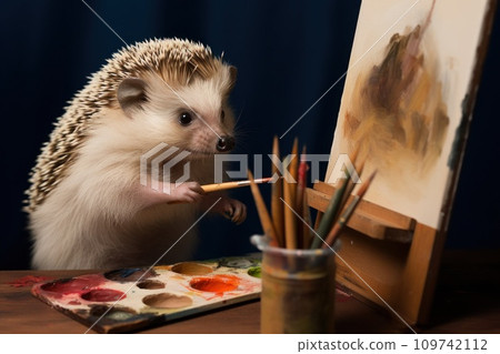 Hedgehog artist in cozy studio, painter holding tiny paintbrush and working on canvas 109742112