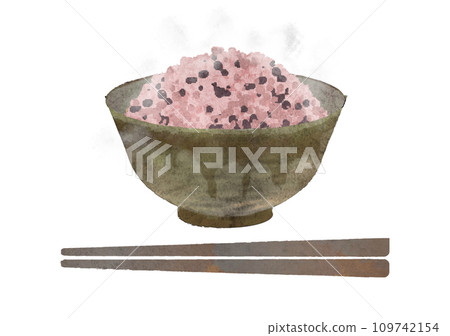 黑米和筷子放在蒸氣碗裡的水彩插圖 109742154