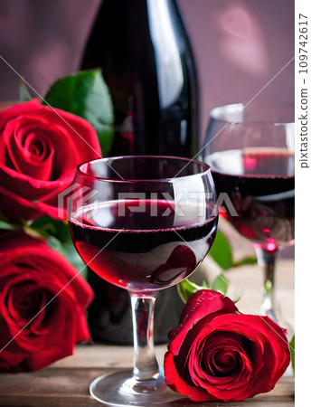 Romantic atmosphere with red wine and roses. 109742617