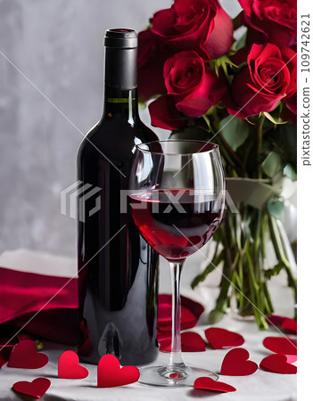 Detailed Valentines Day: hearts wine roses men Detailed Valentines Day: hearts wine roses men 109742621