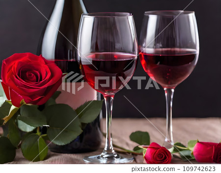 Detailed Valentines Day: hearts wine roses men 109742623