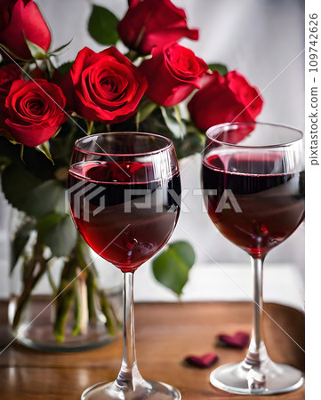 Detailed roses red wine hearts cozy Valentines 109742626