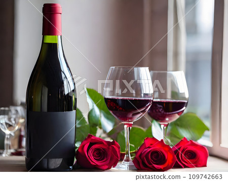 Detailed Valentines Day: hearts wine roses men 109742663