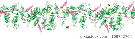 Mouse peas flowers bee watercolor seamless border floral illustration. Purple branch isolated on white background. Meadow wildflower botanical natural hand drawn. Lavender bloom realistic aquarelle Mouse peas flowers bee watercolor seamless border floral illustration. Purple branch isolated on white background. Meadow wildflower botanical natural hand drawn. Lavender bloom realistic aquarelle 109742704