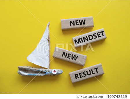 Mindset symbol. Wooden blocks with words New Mindset new Result. Beautiful yellow background with boat. Business and New Mindset new Result concept. Copy space. 109742819