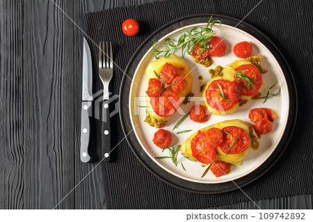 Pesto Tomato Cheese Chicken Breast, top view 109742892
