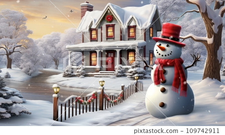 AI-generated content. Christmas cute snowman on a snowy street near the house, AI AI-generated content. Christmas cute snowman on a snowy street near the house, AI 109742911