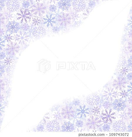 Snowflakes frame, blue lilac frost crystals. Symbol of winter, cold weather. New Year and Christmas holiday card. Hand drawn watercolor illustration isolated on white background. 109743072