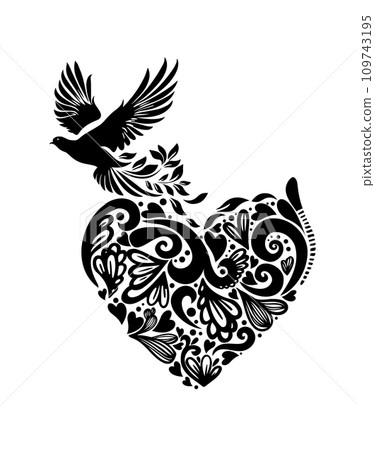 heart art tattoo vintage . heart art tattoo vintage sign. Tattoo black bird and heart of patterns. hand drawing. Happy Valentine's Day. Not AI, sstkLOVE. Vector illustration 109743195