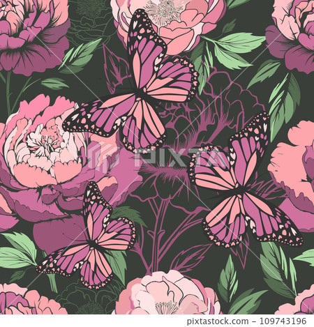Floral pattern. Peonies seamless pattern with butterflies. Dark rich background. 90s style. hand drawing. Not AI, Vector illustration 109743196