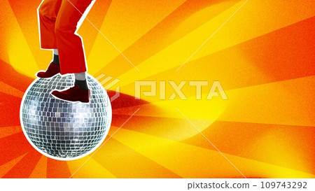 Male legs in stylish shoes and pants dancing on sparkling disco ball on gradient yellow background. Contemporary art collage. 109743292
