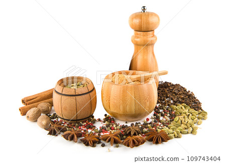 Hand mill and spices set isolated on white. Free space for text. 109743404