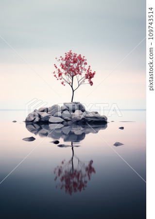 Lone tree on rocks in water, vertical view. Minimalist landscape with small stone island on lake, peaceful nature in autumn. Concept of art, beauty, minimalism, tranquil, calm Lone tree on rocks in water, vertical view. Minimalist landscape with small stone island on lake, peaceful nature in autumn. Concept of art, beauty, minimalism, tranquil, calm 109743514