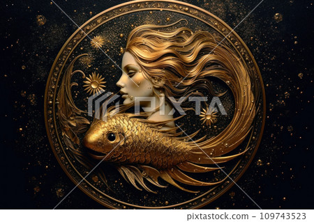 Zodiac sign of Pisces as young woman and fish, fantasy luxury golden portrait of girl at night. Concept of beauty, fashion, astrology, gold, future, horoscope, illustration. Zodiac sign of Pisces as young woman and fish, fantasy luxury golden portrait of girl at night. Concept of beauty, fashion, astrology, gold, future, horoscope, illustration. 109743523