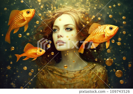 Zodiac sign of Pisces as beauty young woman and golden fish, fantasy portrait of girl underwater. Concept of fashion, astrology, gold, future, horoscope, magic, illustration Zodiac sign of Pisces as beauty young woman and golden fish, fantasy portrait of girl underwater. Concept of fashion, astrology, gold, future, horoscope, magic, illustration 109743526