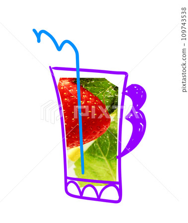 Drawn cup with fresh berry, strawberries inside over white background. Tea lemonade, smoothie. Creative design with doodles. Drawn cup with fresh berry, strawberries inside over white background. Tea lemonade, smoothie. Creative design with doodles. 109743538