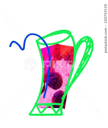 Drawn mug with berries inside over white background. Smoothie ingredients. Creative design with doodles. 109743539