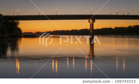 silhouette of the bridge over Missouri River at Hermann, MO, after sunset silhouette of the bridge over Missouri River at Hermann, MO, after sunset 109743553