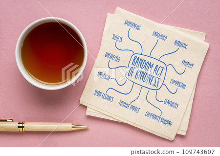 random act of kindness - infographics or mind map sketch on a napkin with tea, spontaneous compassion concept random act of kindness - infographics or mind map sketch on a napkin with tea, spontaneous compassion concept 109743607
