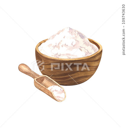 Wooden bowl with wheat flour, wooden scoop. Watercolor hand drawn illustration, isolated on white background. For bakery, cafe, restaurant menu element. Wooden bowl with wheat flour, wooden scoop. Watercolor hand drawn illustration, isolated on white background. For bakery, cafe, restaurant menu element. 109743630