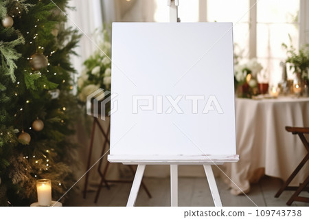 Wooden blank white easel mockup. Board for wedding inscription. Generative AI Wooden blank white easel mockup. Board for wedding inscription. Generative AI 109743738